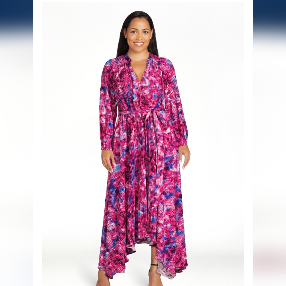 Scoop Pink Women's Pleated Floral Midi Dress Handkerchief Hem Size Large (12-14)